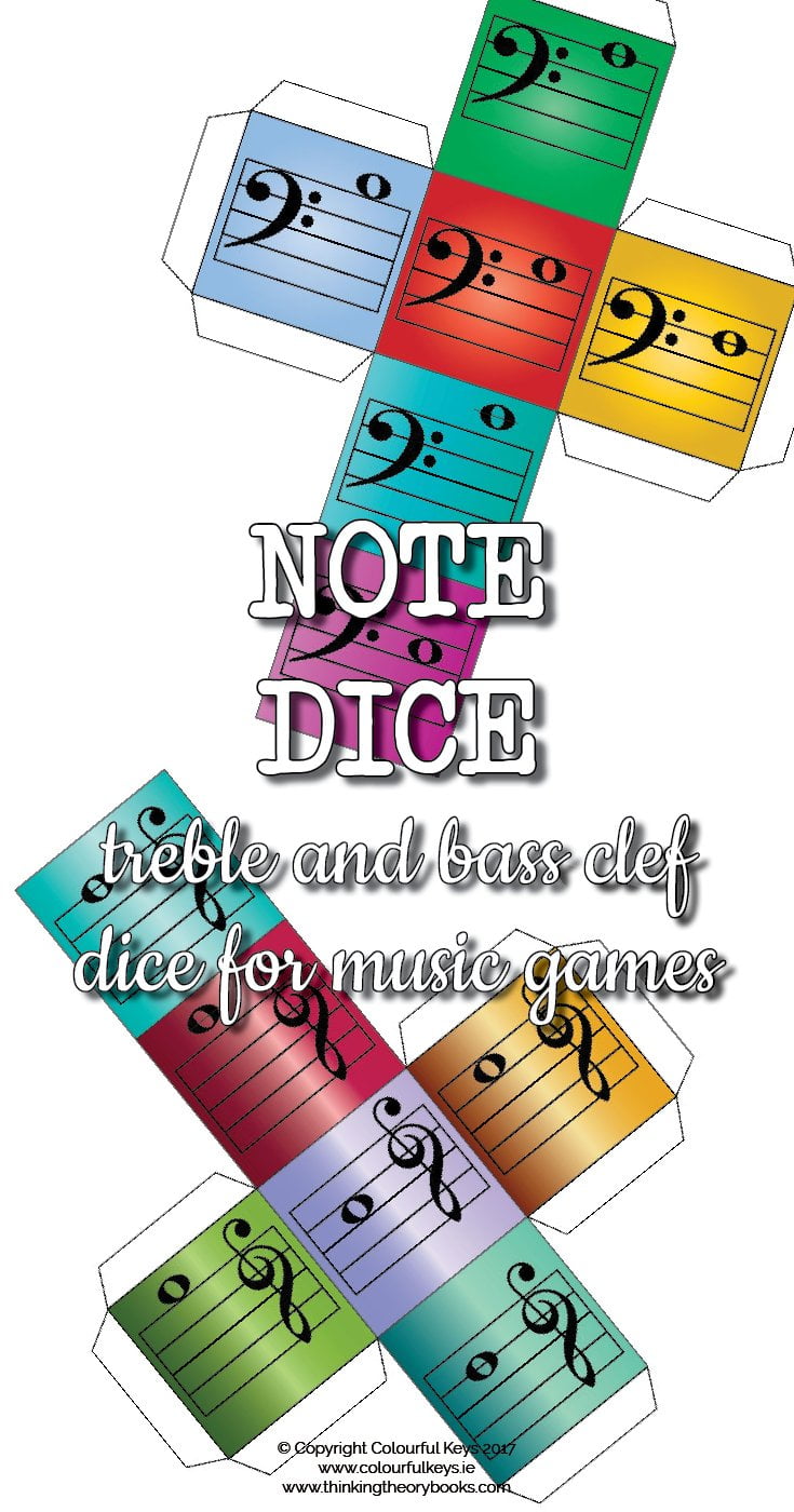 Treble and bass clef dice for piano teaching games
