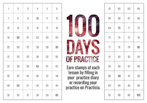 100 days of piano practice stamp sheet